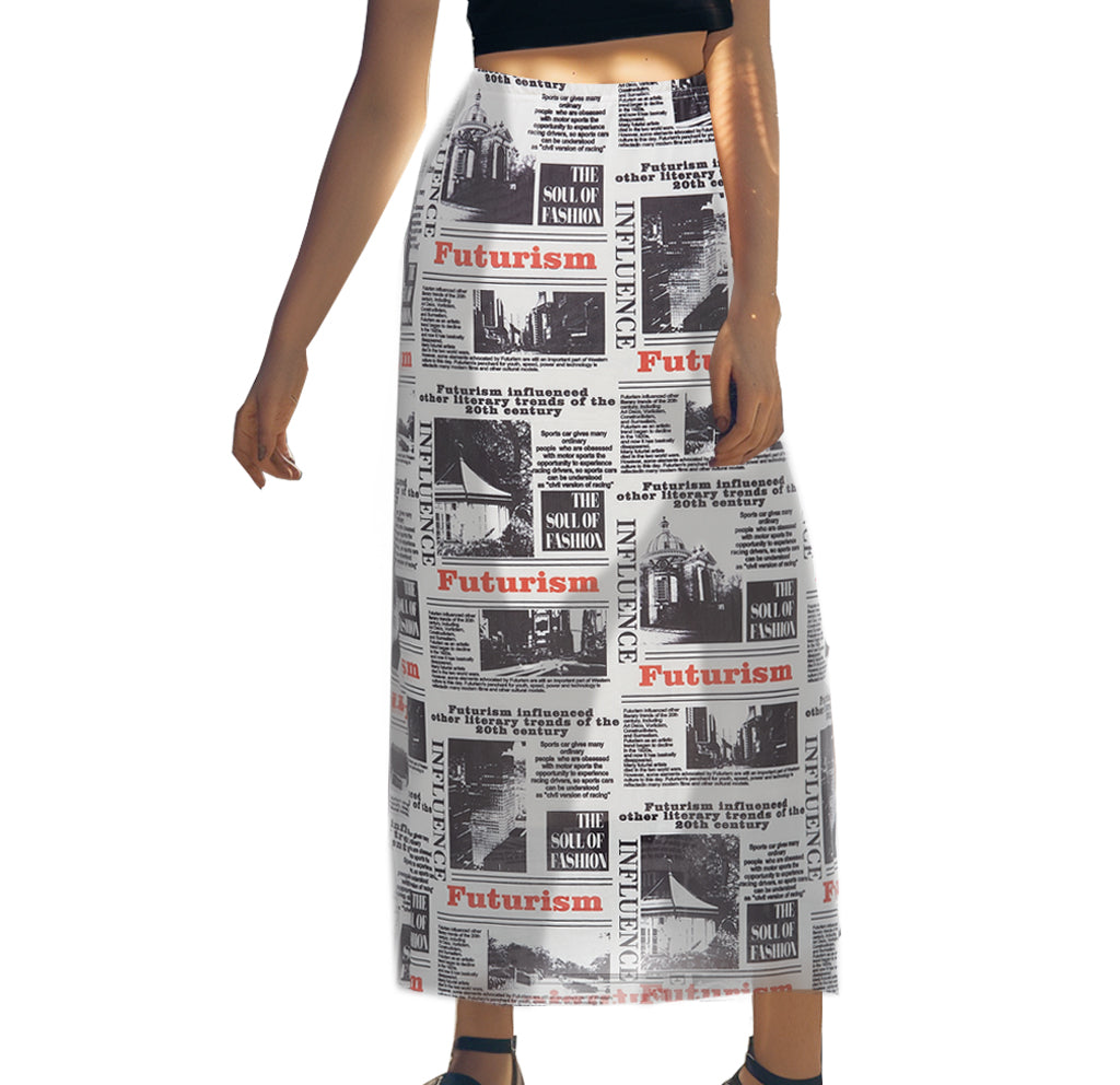 Mr.Color Bodycon Skirts for Women Newspaper Print High Waist Long Skirts Y2k Mesh Overlay Skirt