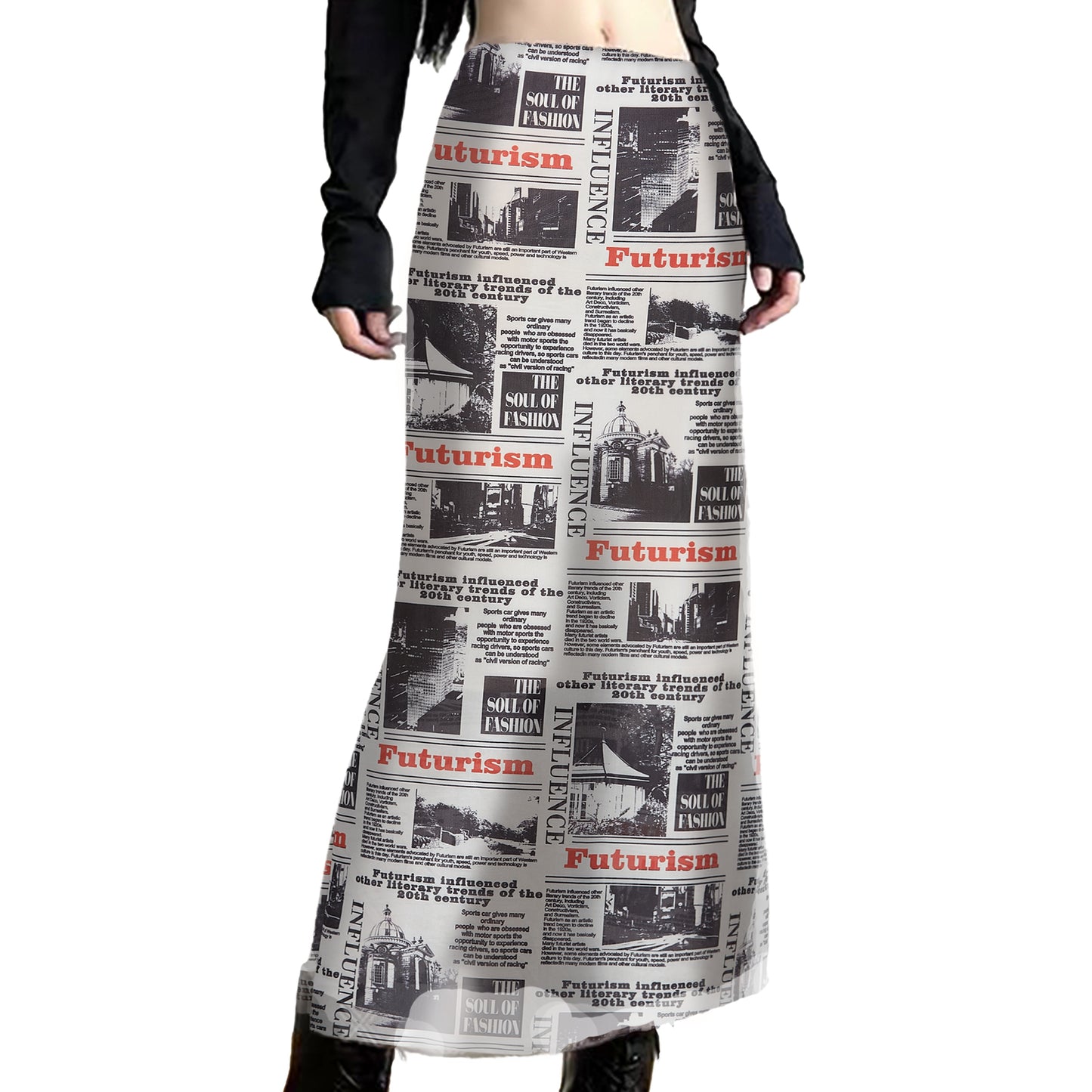 Mr.Color Bodycon Skirts for Women Newspaper Print High Waist Long Skirts Y2k Mesh Overlay Skirt